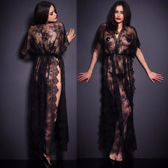 Women's sexy lingerie hot black lace robe + T-thongs - Zowpi