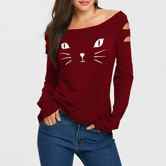 Cat cold shoulder loose casual shirt - Zowpi