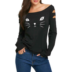 Cat cold shoulder loose casual shirt - Zowpi