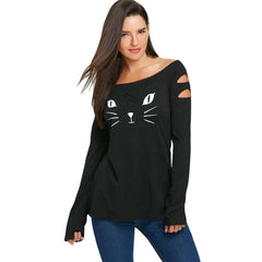 Cat cold shoulder loose casual shirt - Zowpi