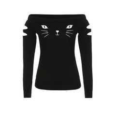 Cat cold shoulder loose casual shirt - Zowpi