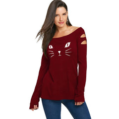 Cat cold shoulder loose casual shirt - Zowpi