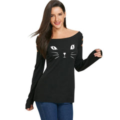 Cat cold shoulder loose casual shirt - Zowpi